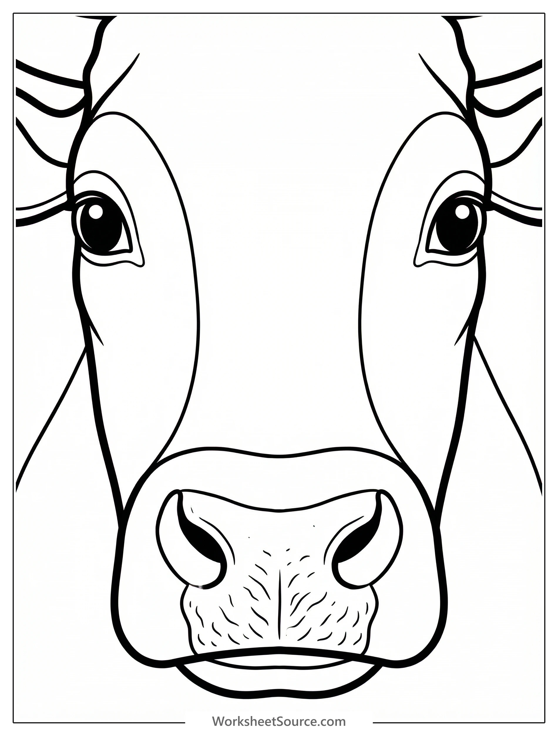 Close-up of an anatomically correct cow's face, featuring detailed eyes, muzzle, and textured fur, ideal for coloring and learning about farm animals.