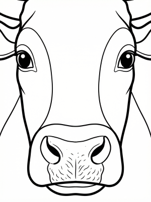 Close-up of an anatomically correct cow's face, featuring detailed eyes, muzzle, and textured fur, ideal for coloring and learning about farm animals.