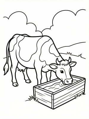 Anatomically correct cow coloring page showing a healthy cow drinking water from a natural stream or wooden trough in a grassy field.