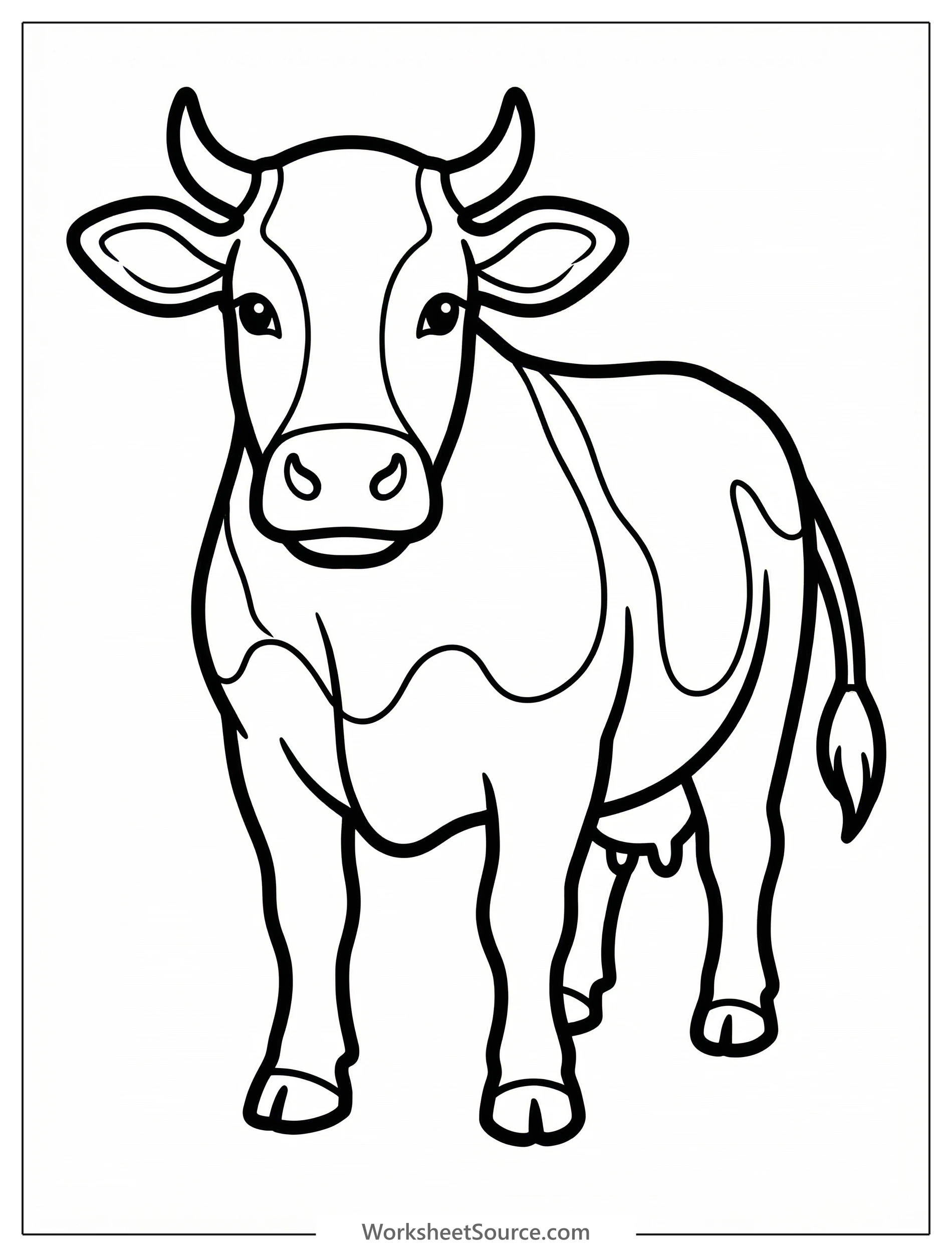 Anatomically correct front view of a standing cow, showing its chest and front legs, ready for coloring and learning about farm animals.