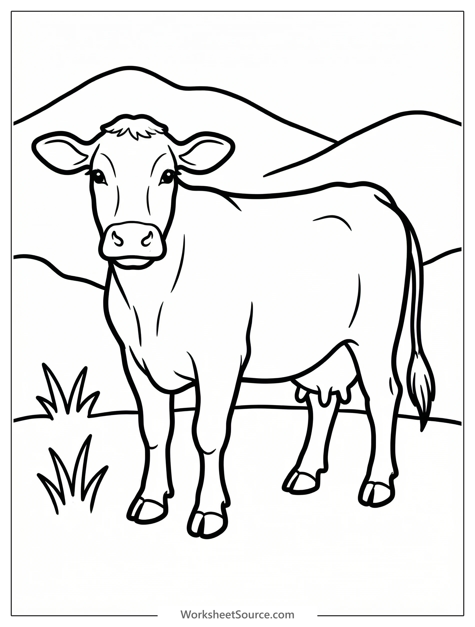 Anatomically accurate drawing of a calm, gentle cow standing peacefully, facing left. The detailed line art is ready for coloring.