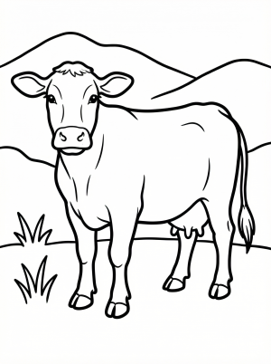 Anatomically accurate drawing of a calm, gentle cow standing peacefully, facing left. The detailed line art is ready for coloring.