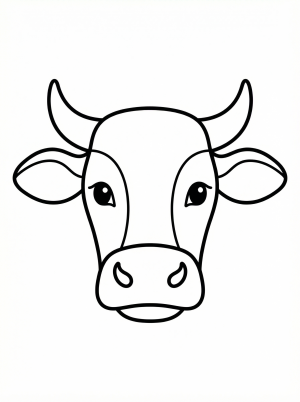 Anatomically correct drawing of a cow's head facing forward, featuring detailed horns, large ears, and gentle, expressive eyes for coloring.