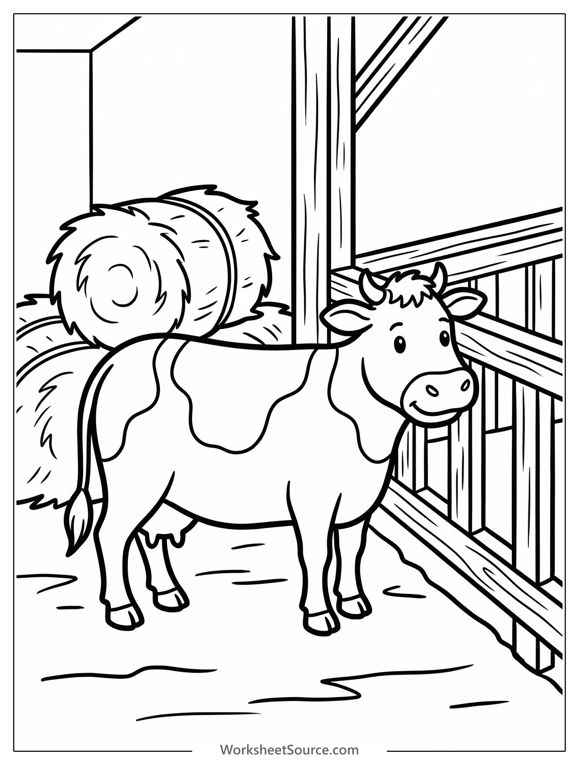 Anatomically correct cow standing inside a rustic barn stall, surrounded by piles of hay on the ground and wooden fence posts.