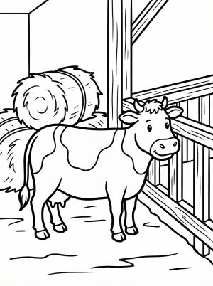 Anatomically correct cow standing inside a rustic barn stall, surrounded by piles of hay on the ground and wooden fence posts.