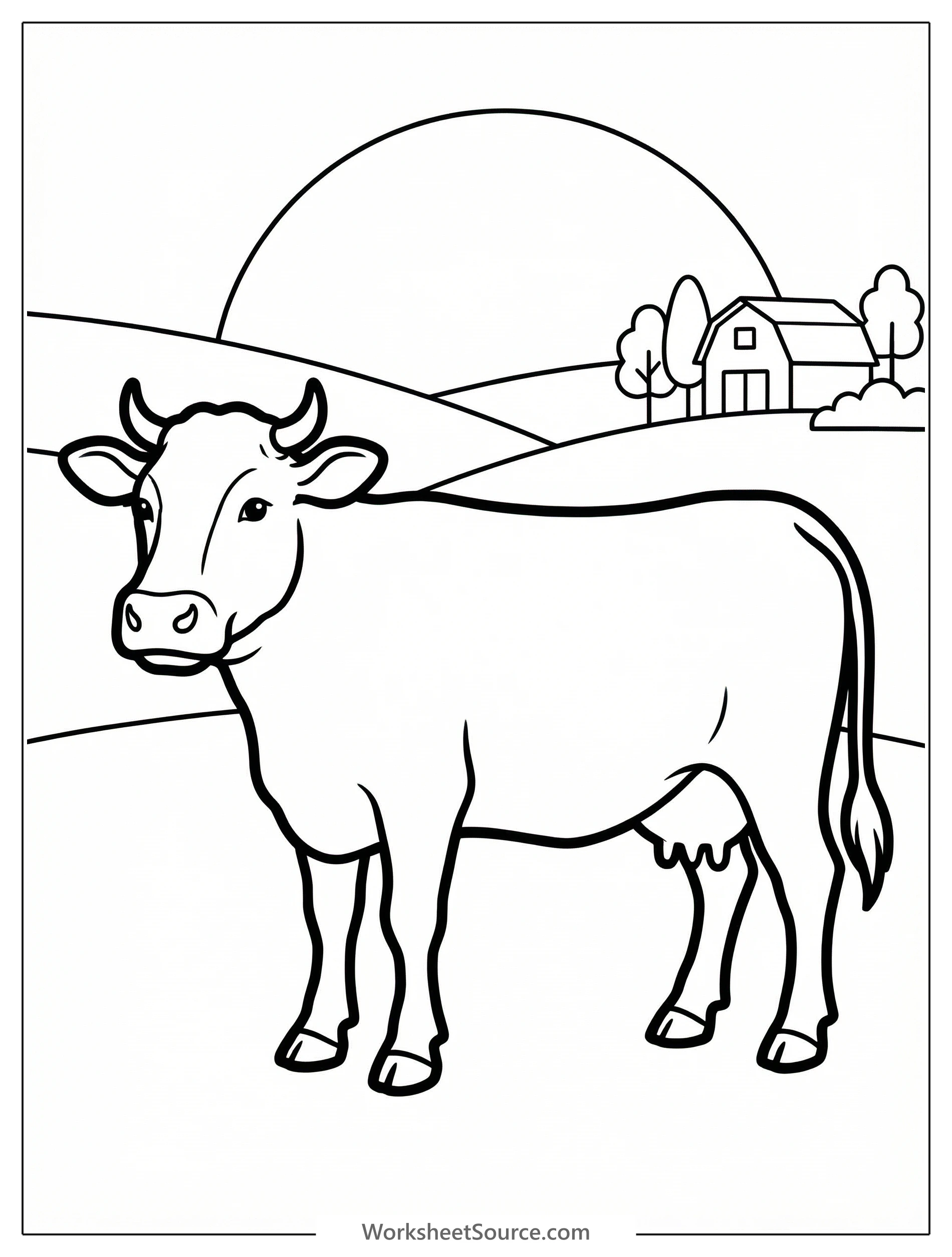 Anatomically correct cow standing in a farm field at dusk, with soft light illuminating its fur and the surrounding landscape.