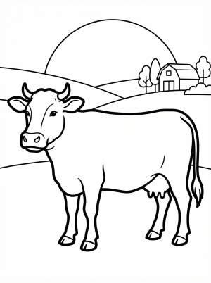 Anatomically correct cow standing in a farm field at dusk, with soft light illuminating its fur and the surrounding landscape.