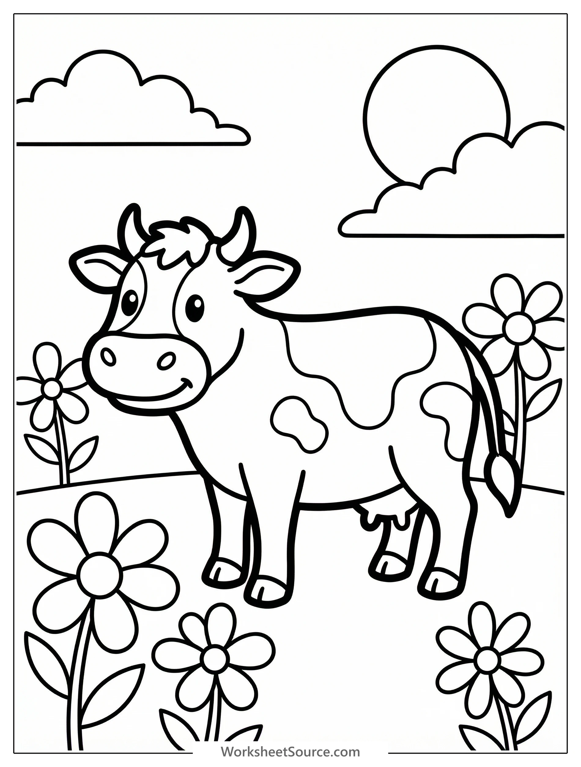 Anatomically correct cow standing in a sunny green meadow filled with various colorful wildflowers under a bright blue sky.
