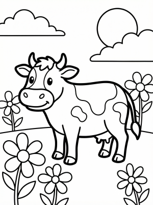 Anatomically correct cow standing in a sunny green meadow filled with various colorful wildflowers under a bright blue sky.