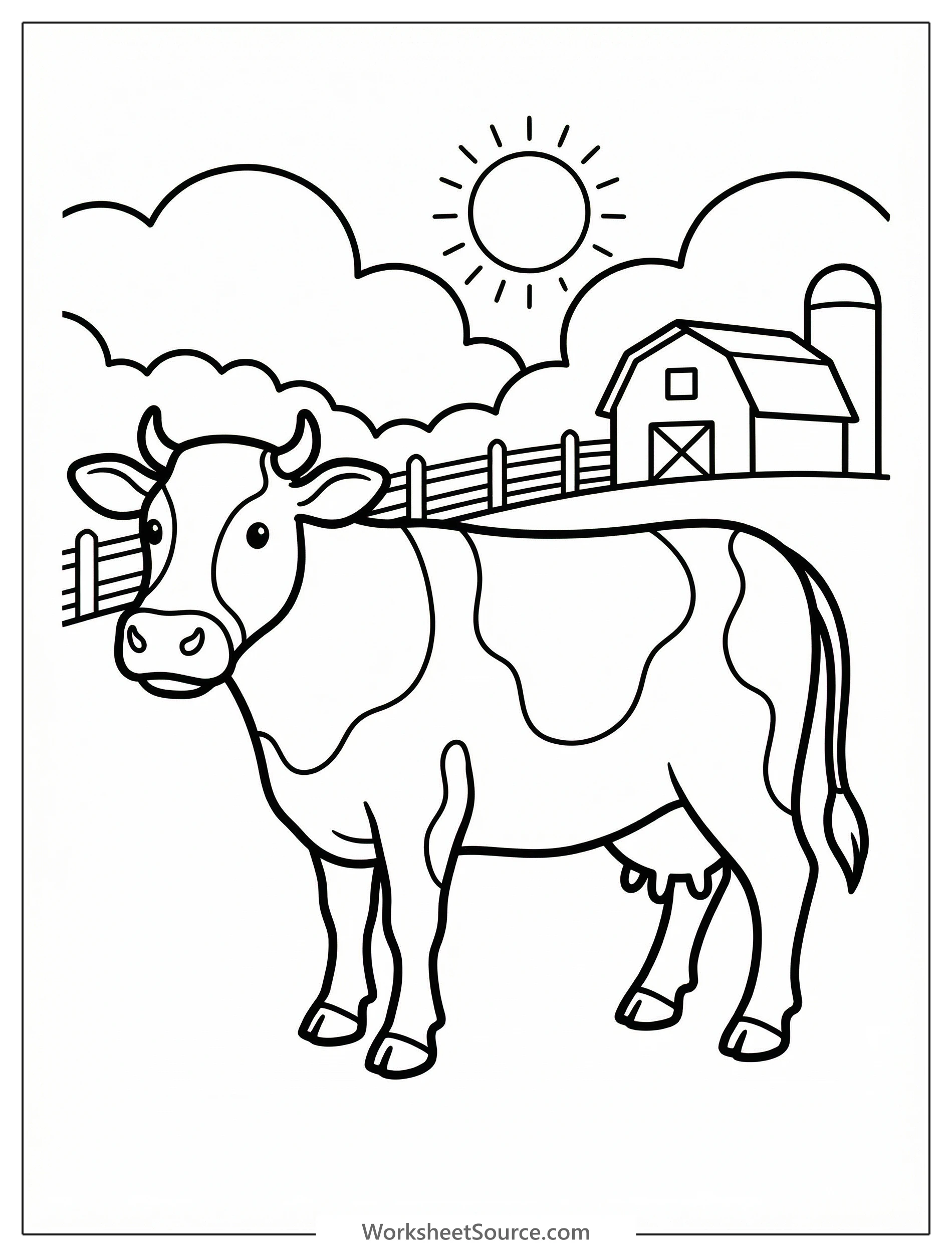 Anatomically correct cow coloring page standing in soft morning light on a farm, ready for coloring and learning about farm animals.