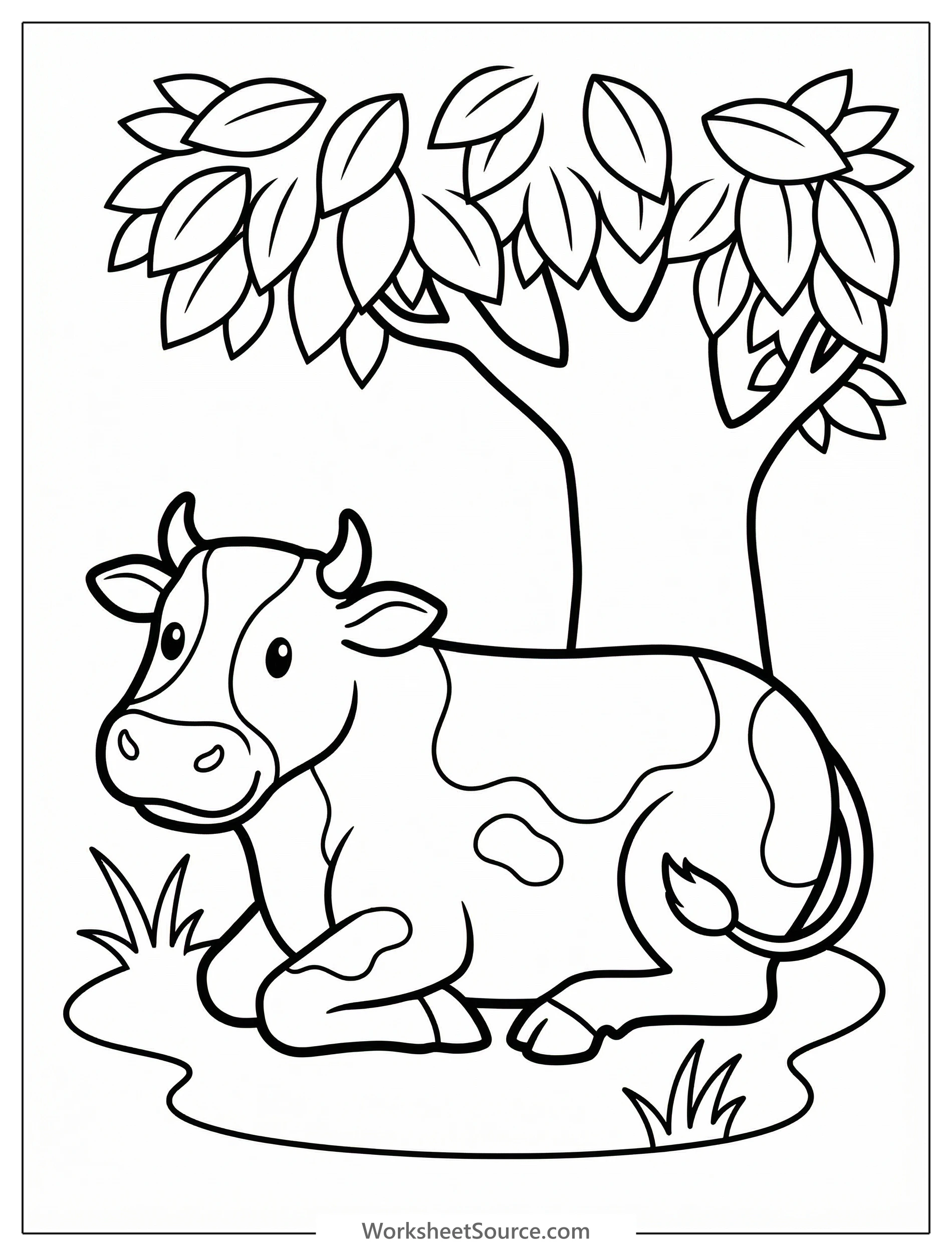 Anatomically correct outline drawing of a dairy cow resting peacefully in the shade under a large leafy tree, waiting to be colored.
