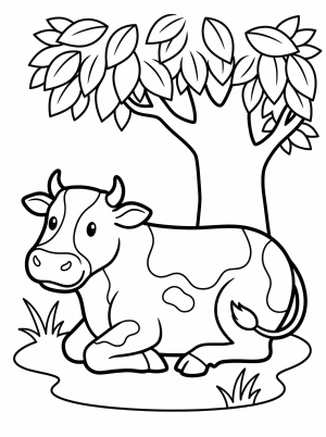 Anatomically correct outline drawing of a dairy cow resting peacefully in the shade under a large leafy tree, waiting to be colored.
