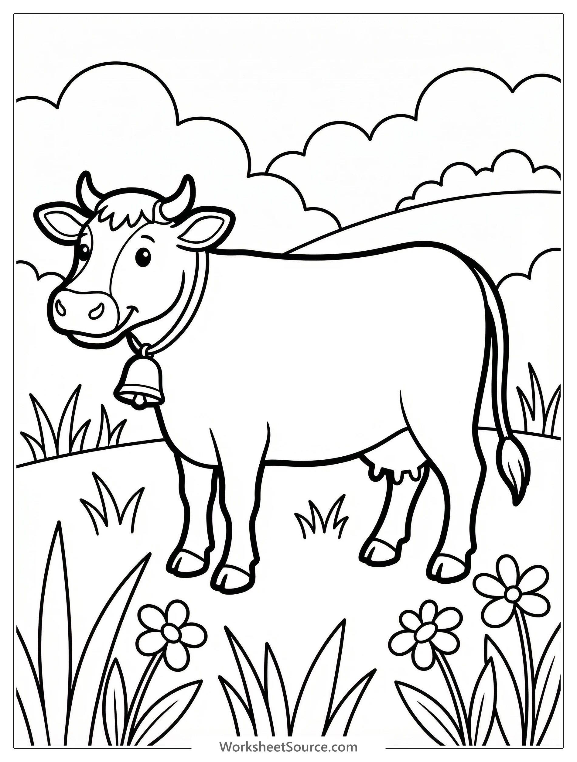 Anatomically accurate cow standing in a vibrant green spring pasture, facing right. The cow has visible udder, hooves, and a gentle expression. Lush green grass and faint wildflowers are visible.