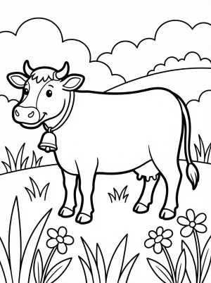 Anatomically accurate cow standing in a vibrant green spring pasture, facing right. The cow has visible udder, hooves, and a gentle expression. Lush green grass and faint wildflowers are visible.