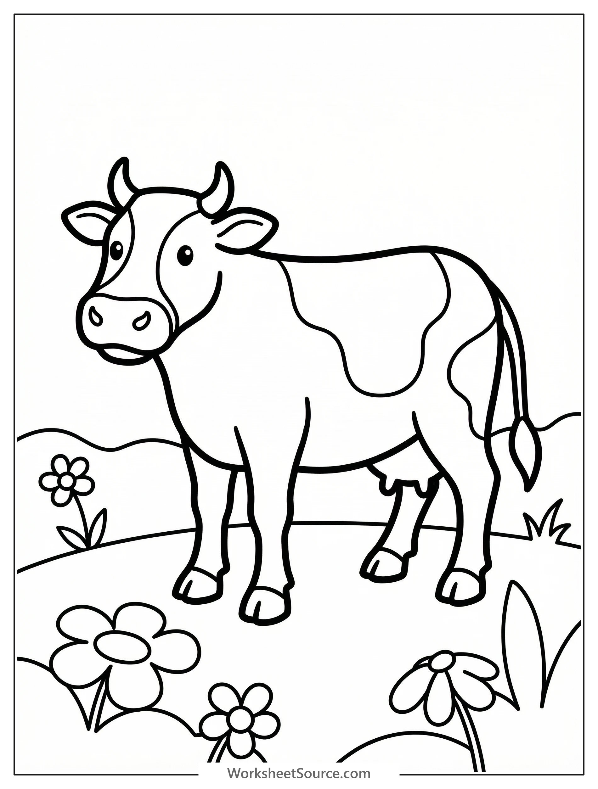 Anatomically correct cow standing peacefully in a sunny summer meadow with grass and wildflowers, ready for coloring.