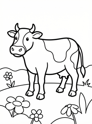 Anatomically correct cow standing peacefully in a sunny summer meadow with grass and wildflowers, ready for coloring.