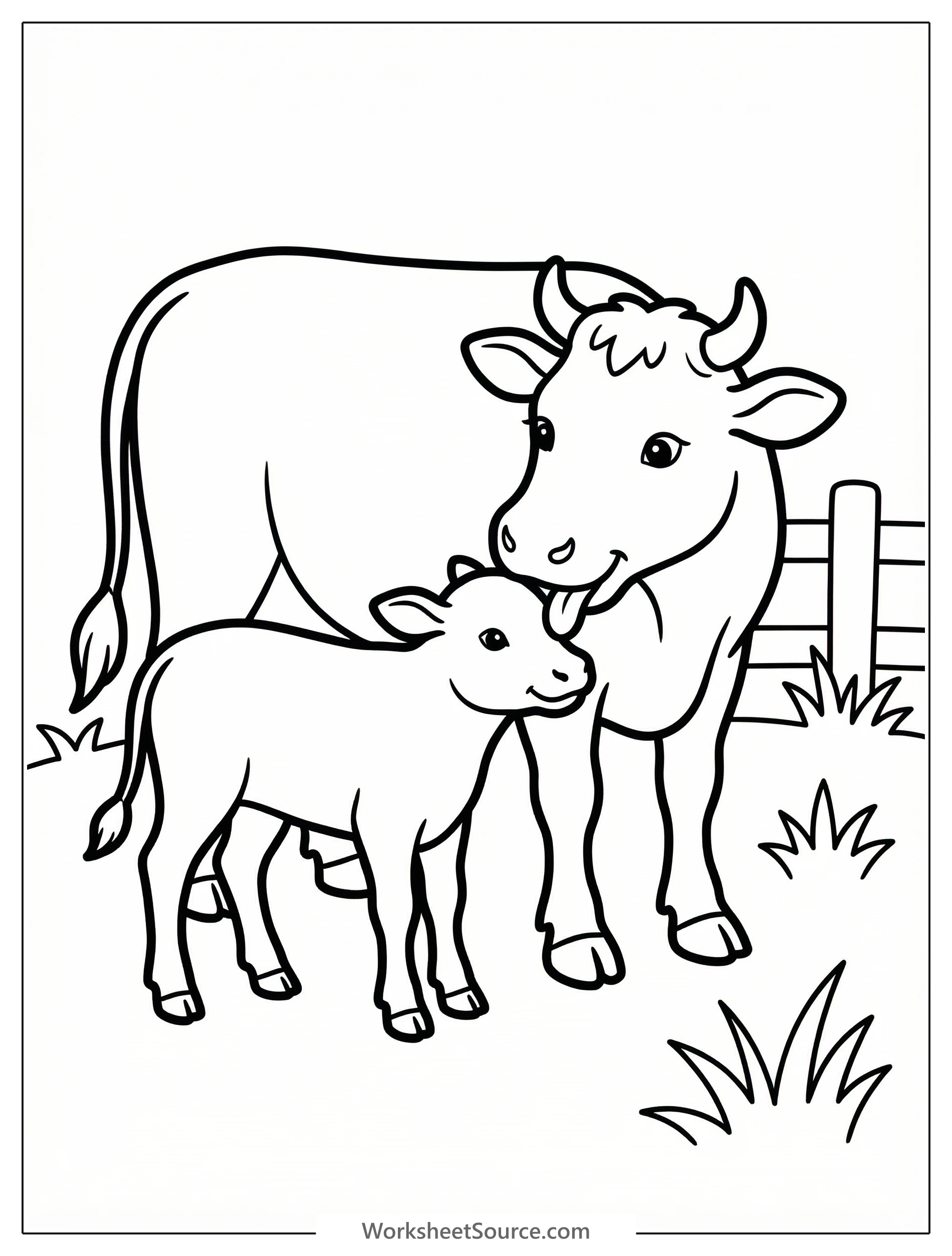Anatomically correct cow licking or grooming calf coloring page for kids - black and white line art ready to print and color