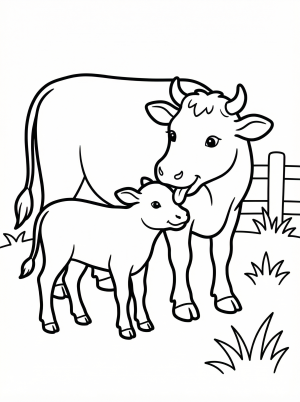 Anatomically correct cow licking or grooming calf coloring page for kids - black and white line art ready to print and color