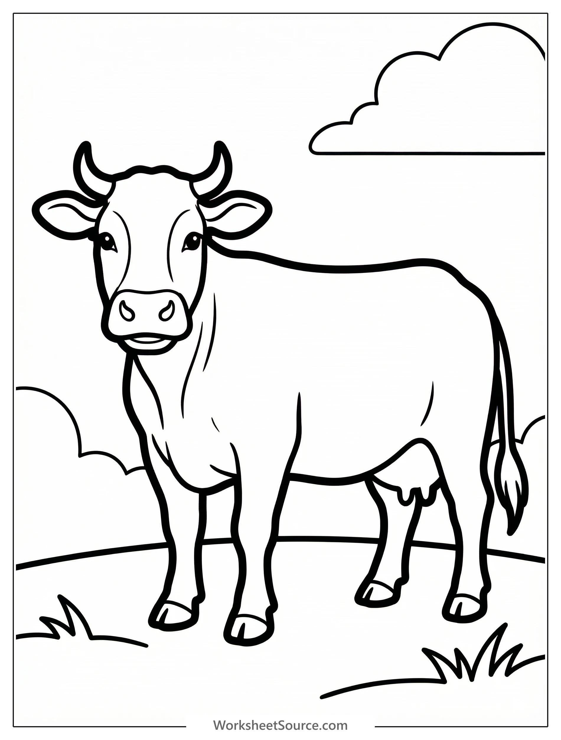 A majestic, anatomically correct cow stands proudly, facing slightly right, head held high. Its realistic features are outlined for coloring.