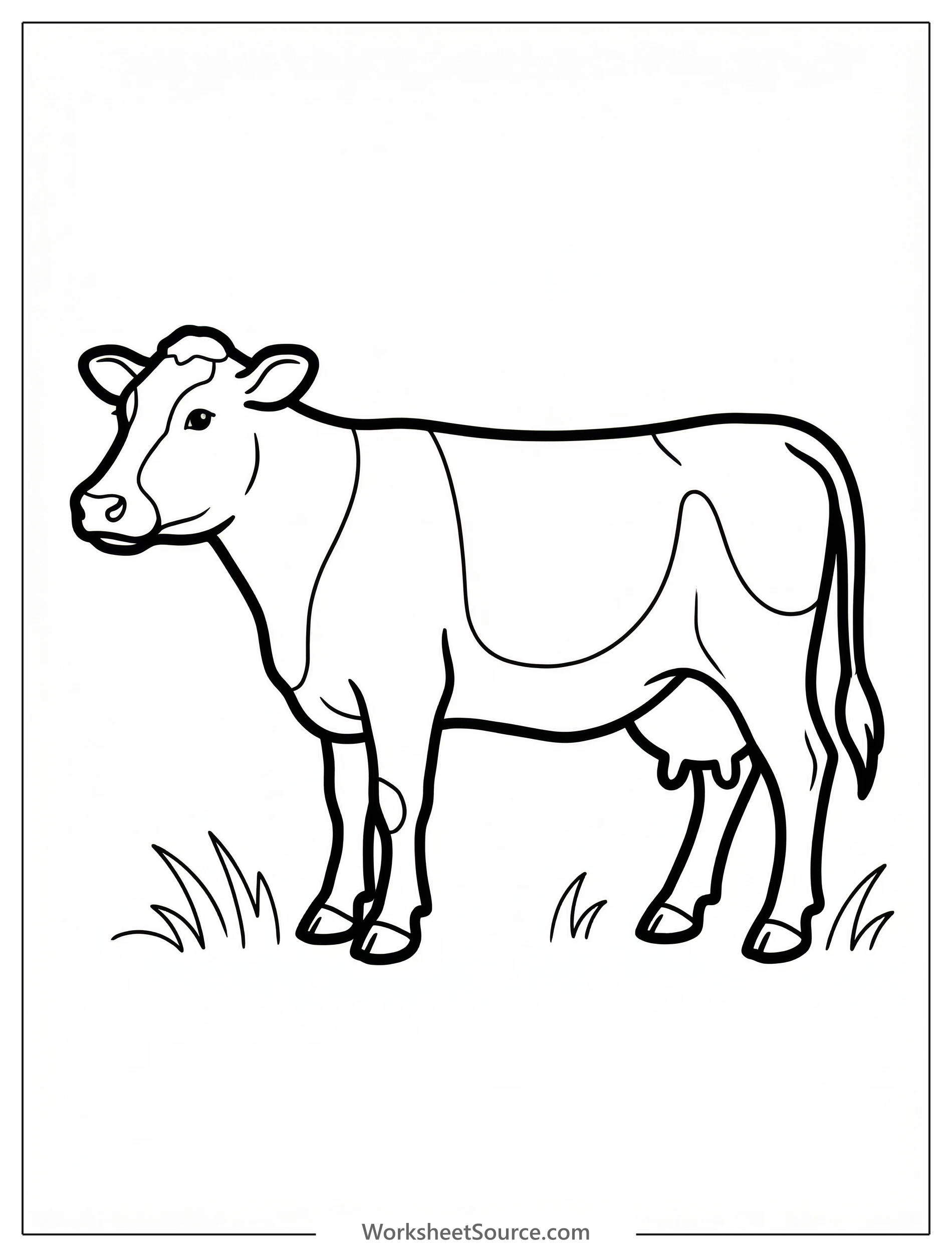 Side profile illustration of an anatomically correct cow, showing detailed body proportions, legs, tail, head, and udder. Designed for coloring.