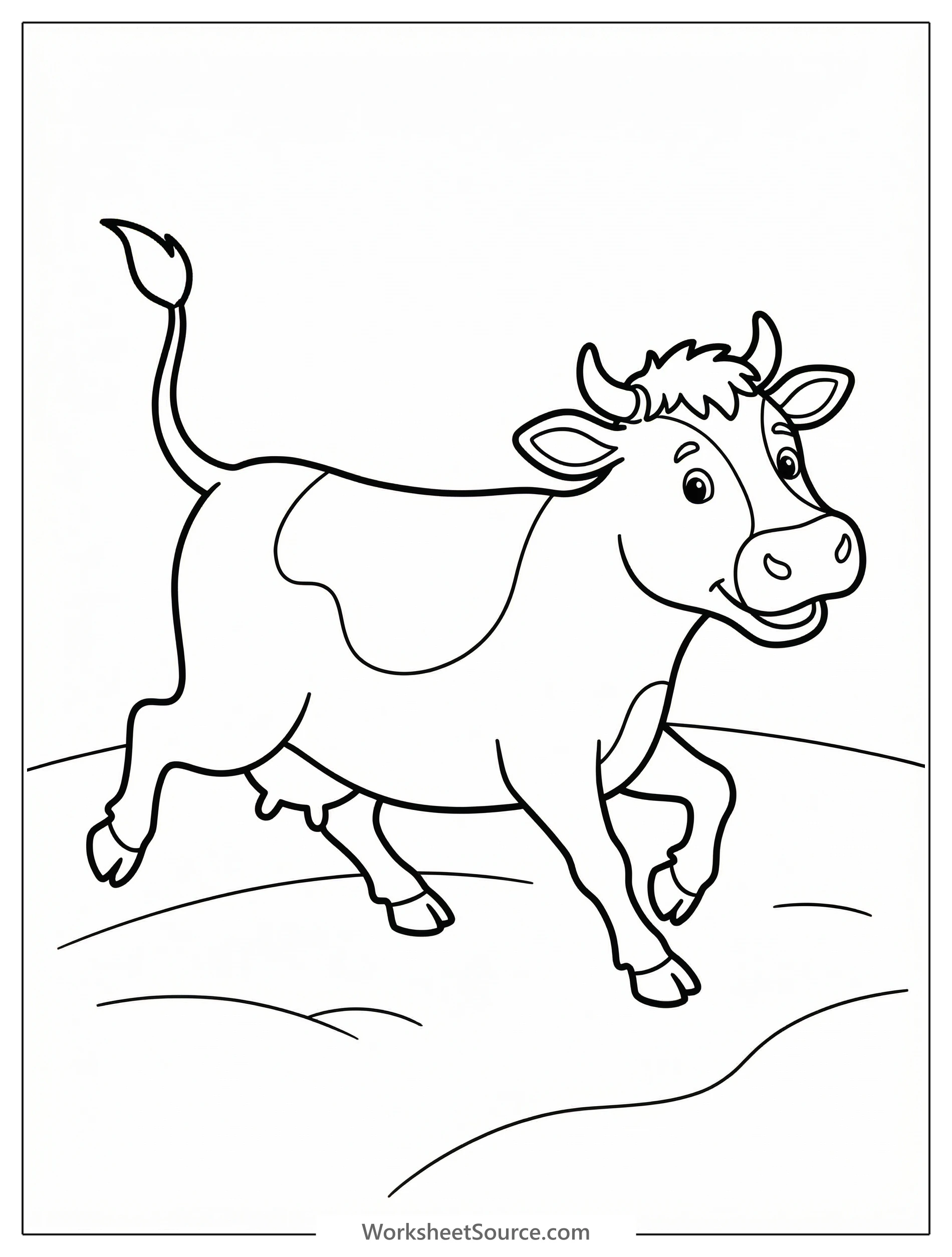 Anatomically correct illustration of a cow running at full speed, tail raised, and all four legs extended in motion. Suitable for coloring.