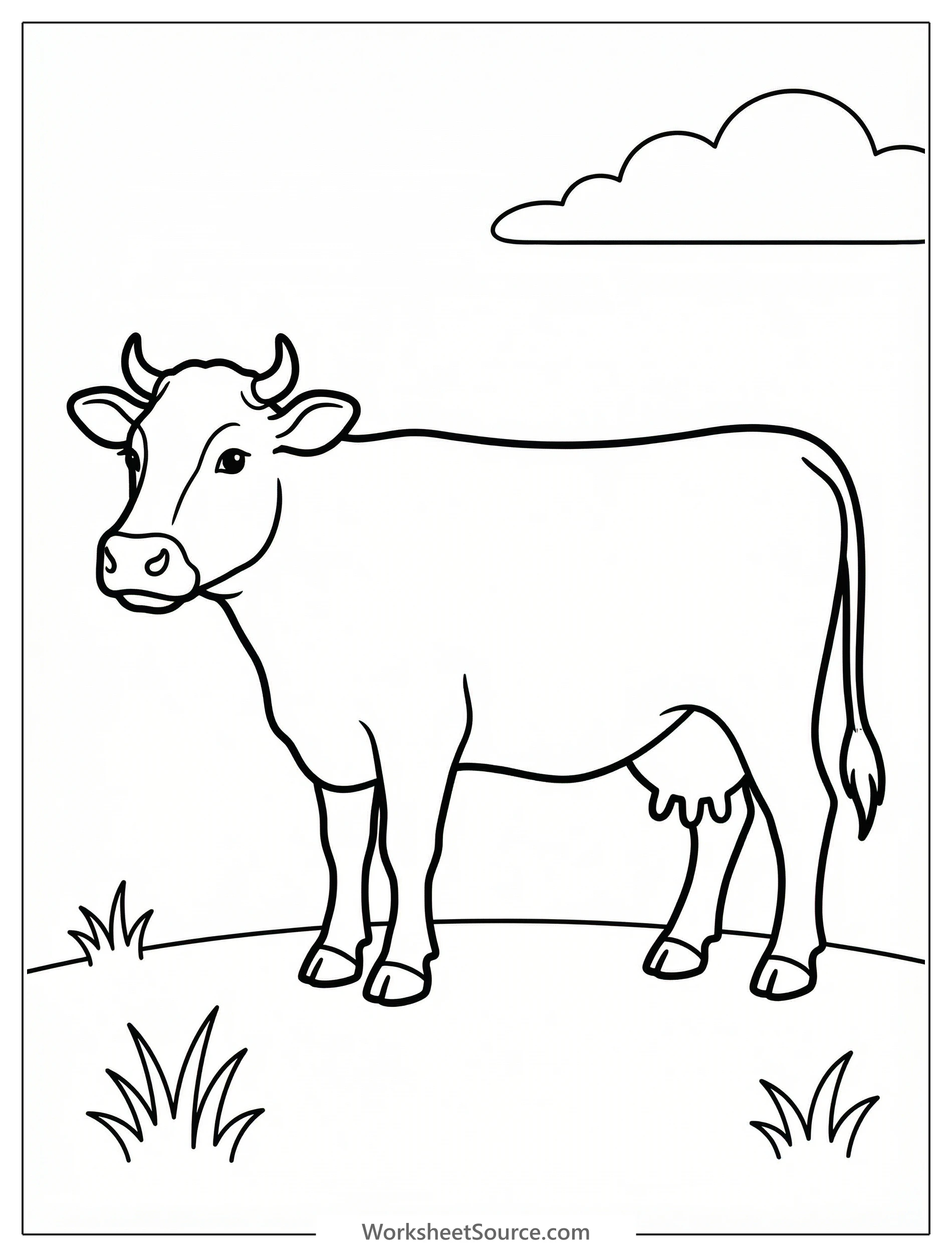 Detailed illustration of an anatomically correct cow in side view, showing its full body, legs, tail, head, and udder. Perfect for learning and coloring.