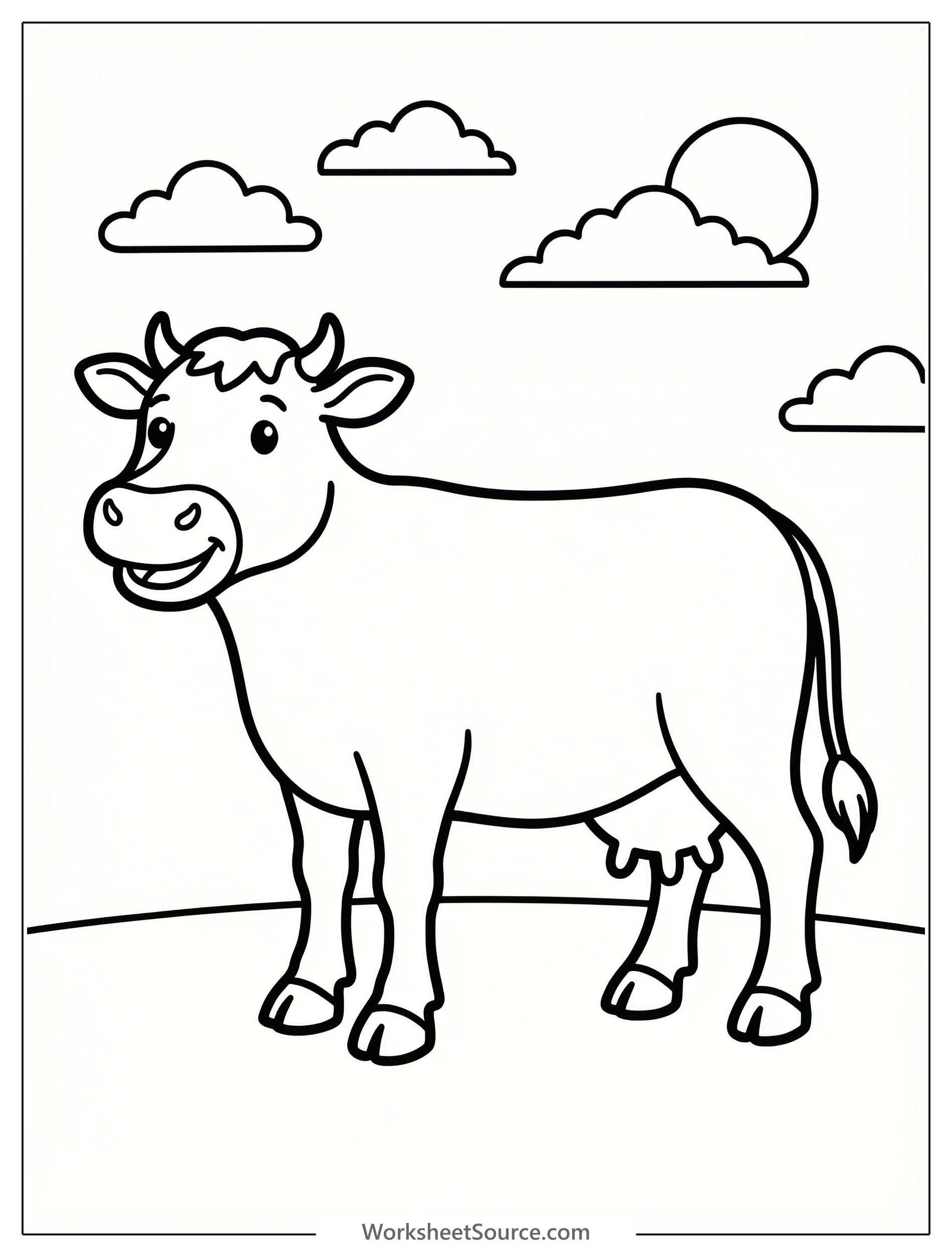 Line art illustration of an anatomically correct cow standing calmly on all four legs, depicted in a balanced side profile pose. Ready for coloring.