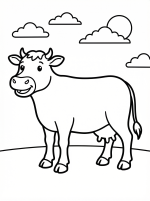 Line art illustration of an anatomically correct cow standing calmly on all four legs, depicted in a balanced side profile pose. Ready for coloring.