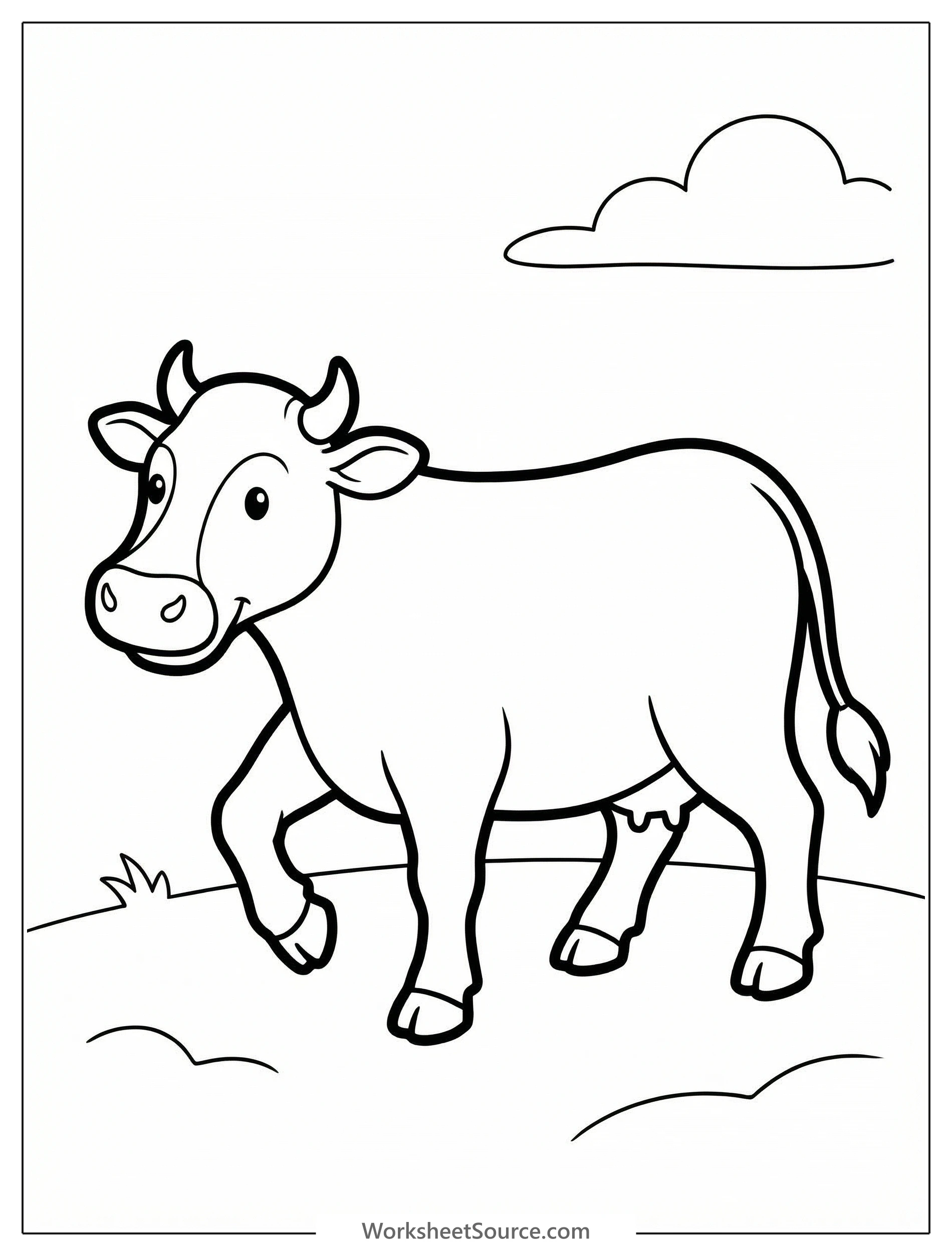 Line art illustration of an anatomically correct cow walking with its legs in mid stride, viewed from the side, ready for coloring.