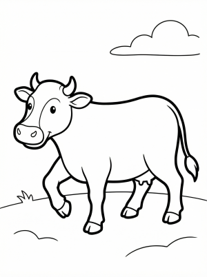Line art illustration of an anatomically correct cow walking with its legs in mid stride, viewed from the side, ready for coloring.