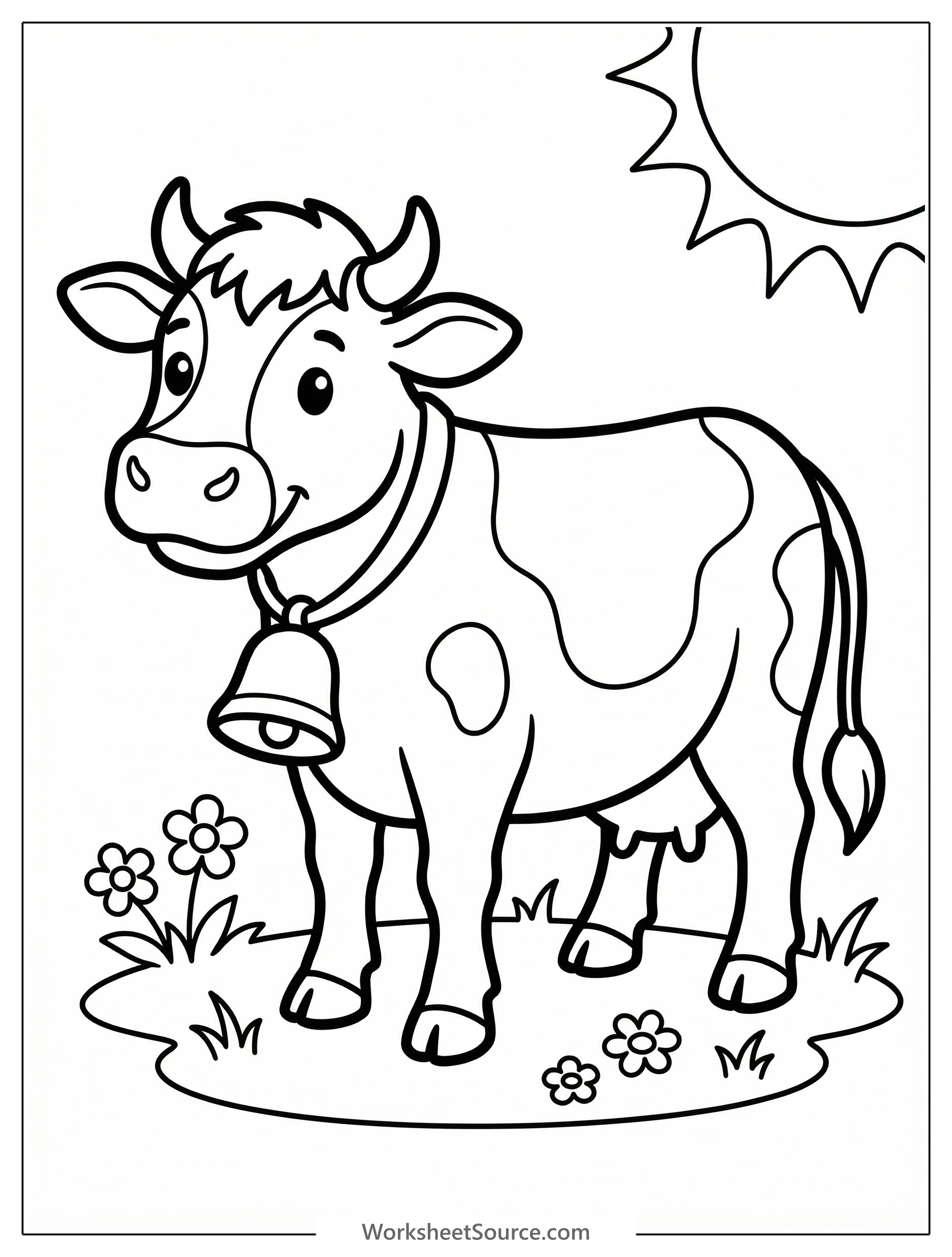 An anatomically correct black and white outline drawing of a cow standing, wearing a bell around its neck, perfect for coloring.
