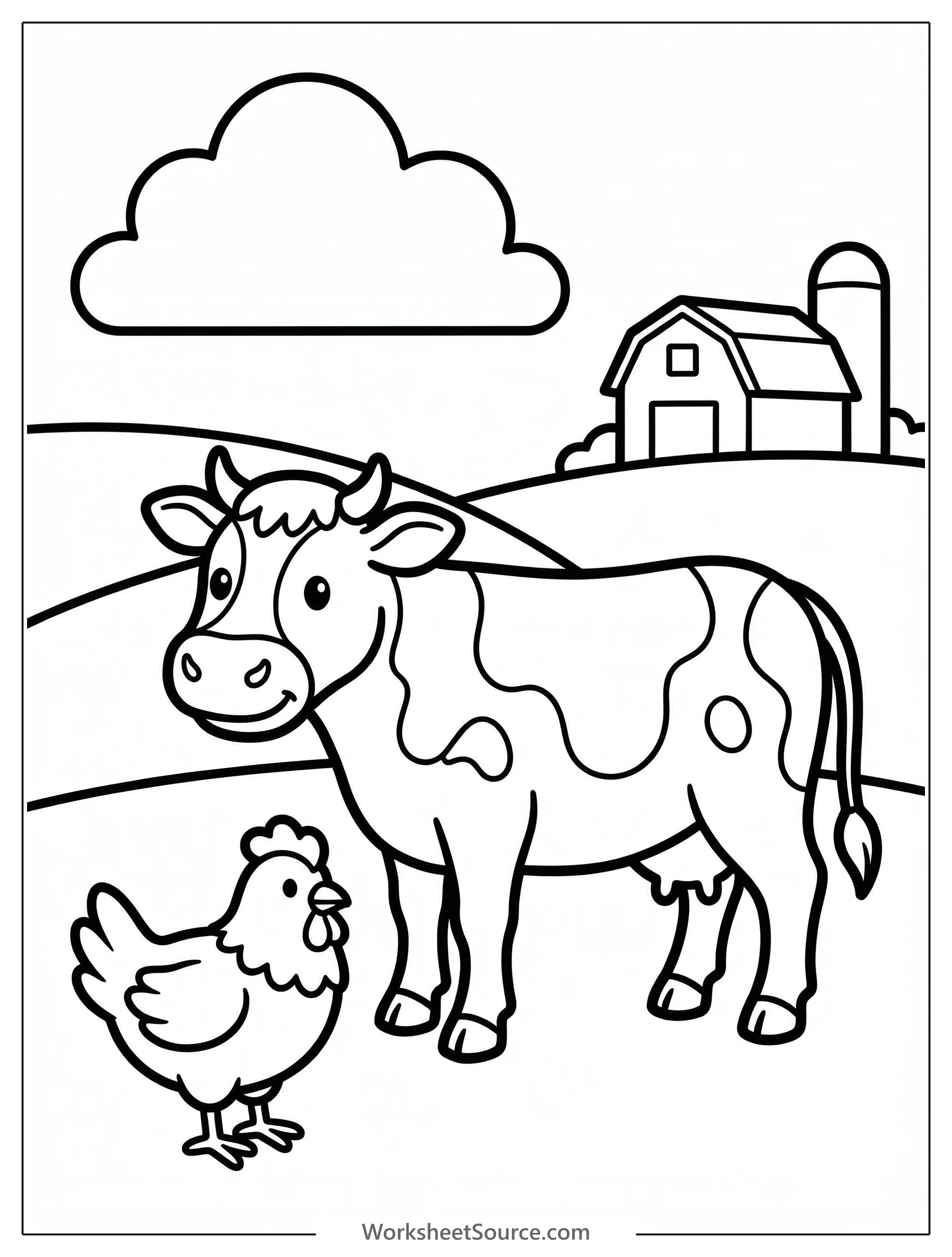 Anatomically correct coloring page featuring a large cow standing in a grassy field with a small chicken nearby, set against a classic farm background.