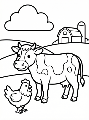 Anatomically correct coloring page featuring a large cow standing in a grassy field with a small chicken nearby, set against a classic farm background.