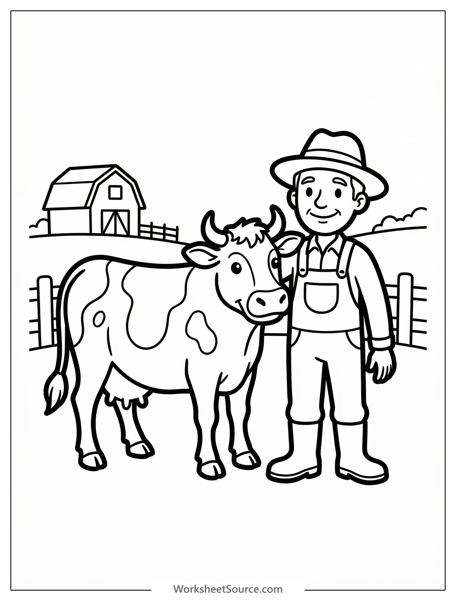An anatomically correct dairy cow stands in a sunny farm pasture next to a friendly farmer wearing overalls and a hat. Rolling hills and a barn are in the background.
