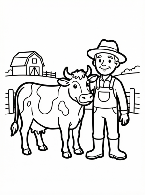 An anatomically correct dairy cow stands in a sunny farm pasture next to a friendly farmer wearing overalls and a hat. Rolling hills and a barn are in the background.