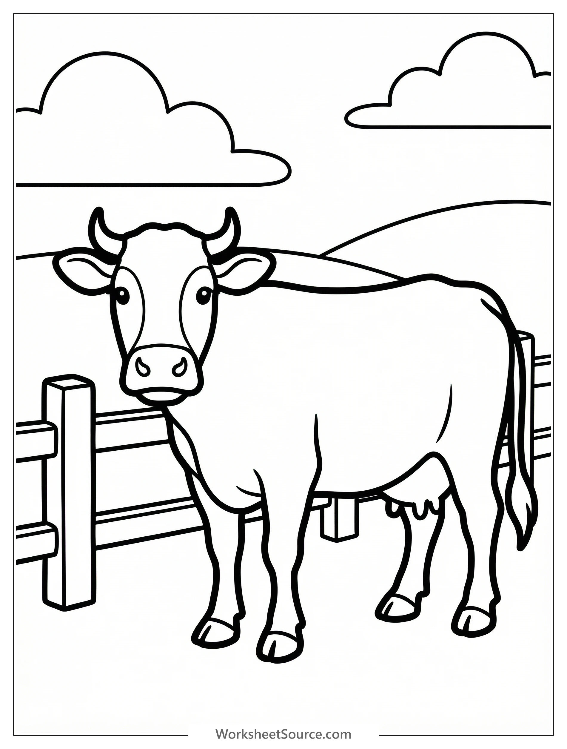 An anatomically correct line drawing of a dairy cow standing peacefully near a rustic wooden farm fence. Ideal for learning animal anatomy.