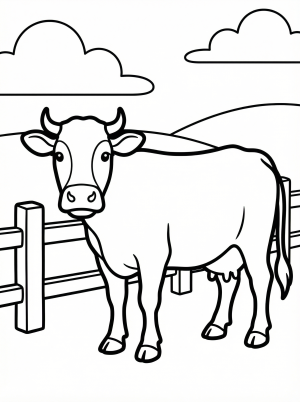 An anatomically correct line drawing of a dairy cow standing peacefully near a rustic wooden farm fence. Ideal for learning animal anatomy.