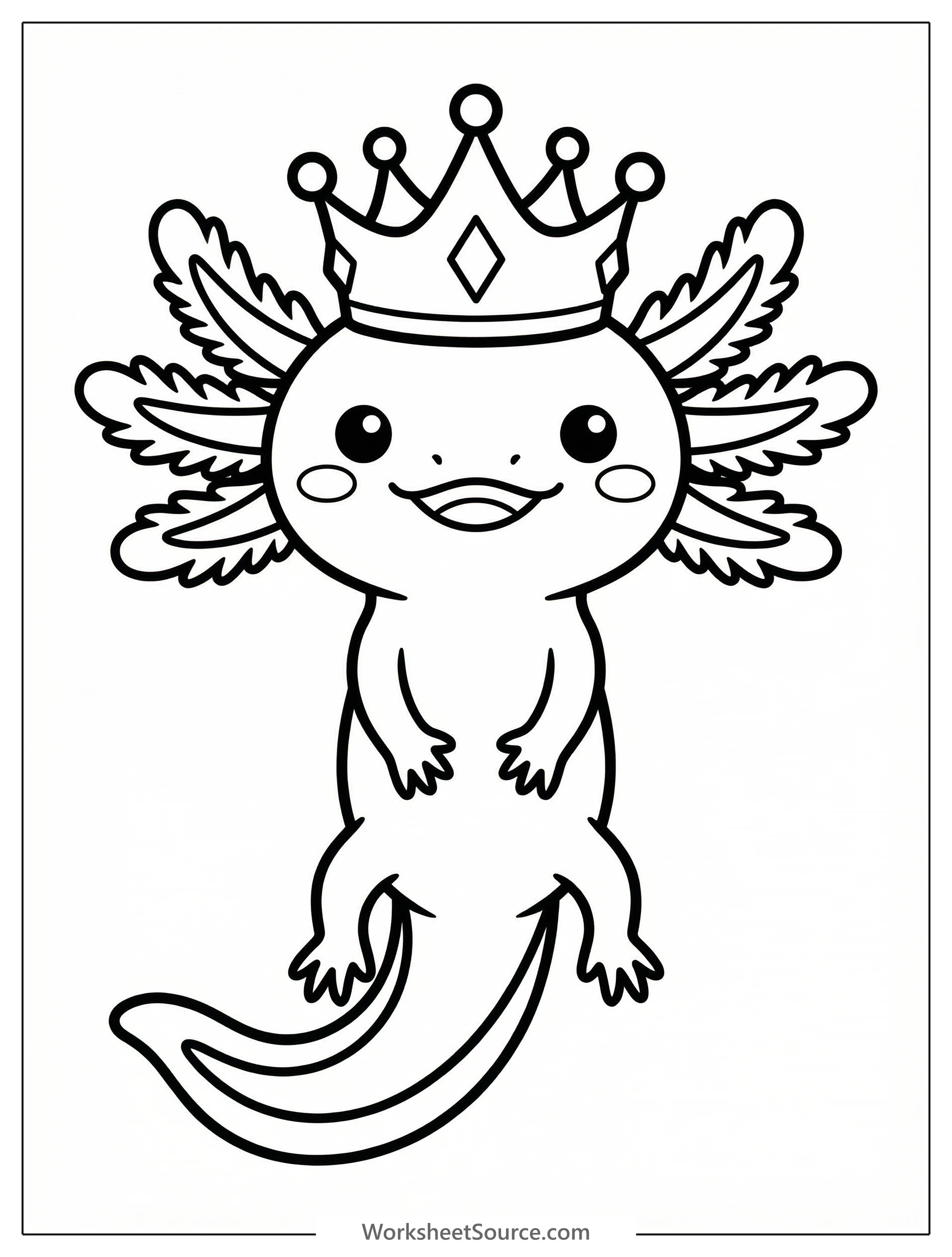 Line art illustration of a cute, friendly axolotl with feathery gills, wearing a small, shiny princess crown on its head, smiling gently.