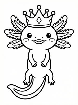 Line art illustration of a cute, friendly axolotl with feathery gills, wearing a small, shiny princess crown on its head, smiling gently.