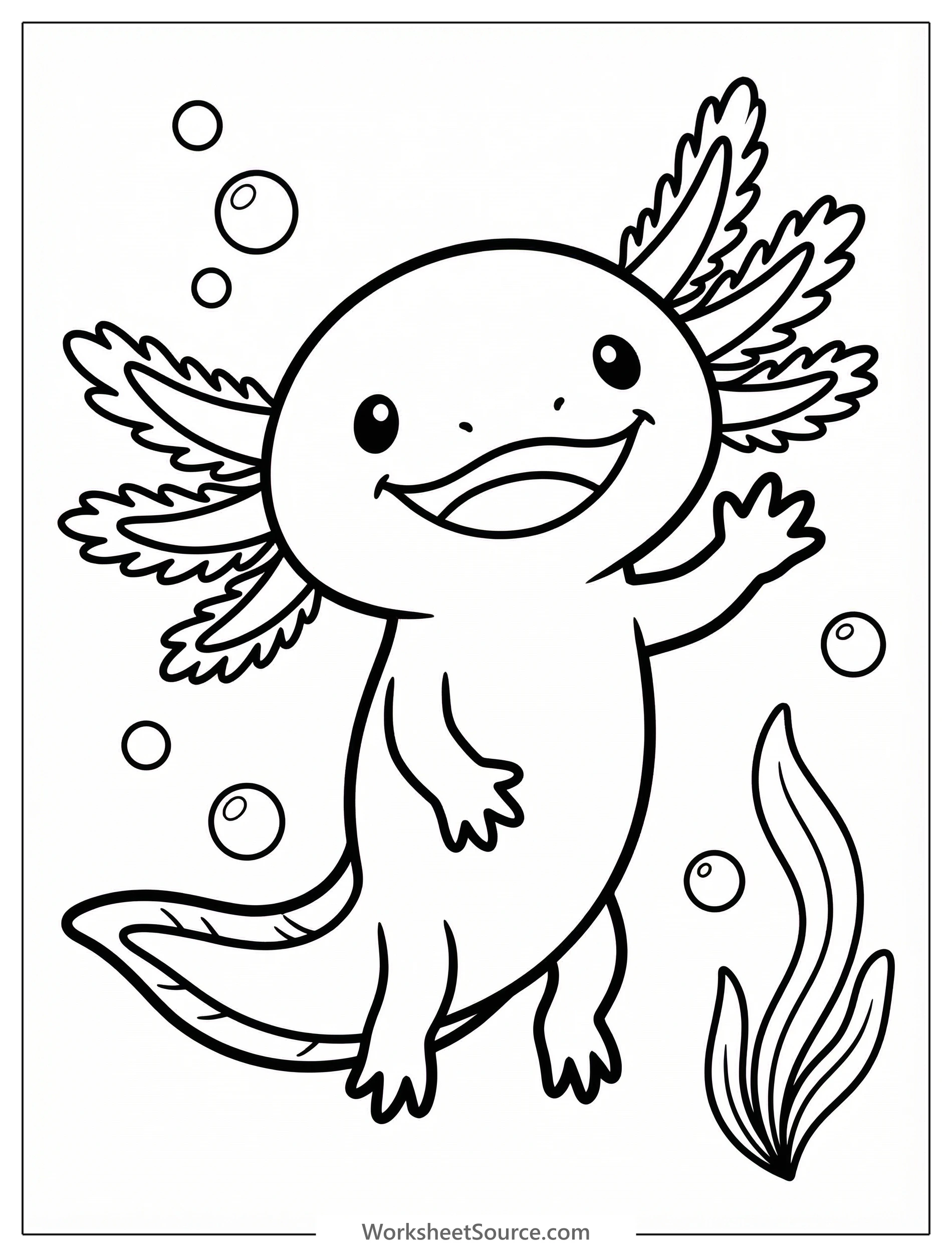 Outline drawing of a smiling axolotl with feathery gills, waving one small front limb. The aquatic creature has friendly eyes and a happy expression.