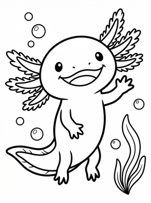 Outline drawing of a smiling axolotl with feathery gills, waving one small front limb. The aquatic creature has friendly eyes and a happy expression.