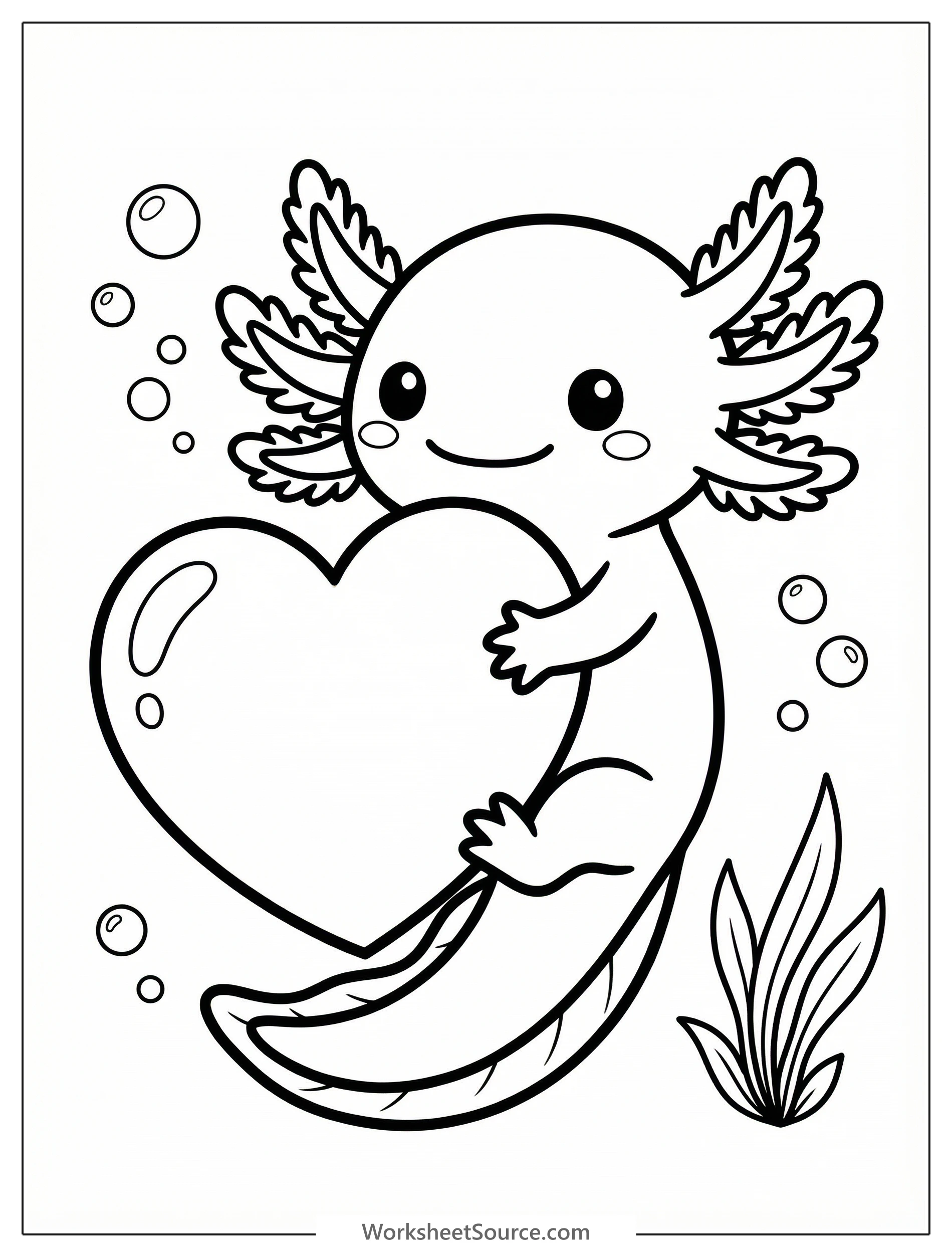 An adorable, smiling cartoon axolotl with characteristic feathery gills and webbed feet gently hugging a large, stylized heart. Line art ready for coloring.