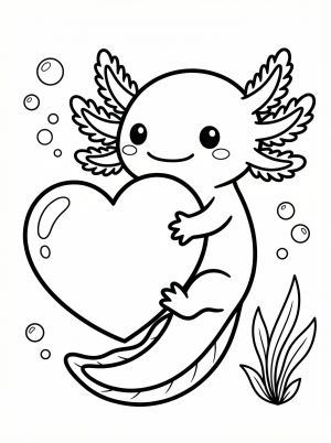 An adorable, smiling cartoon axolotl with characteristic feathery gills and webbed feet gently hugging a large, stylized heart. Line art ready for coloring.