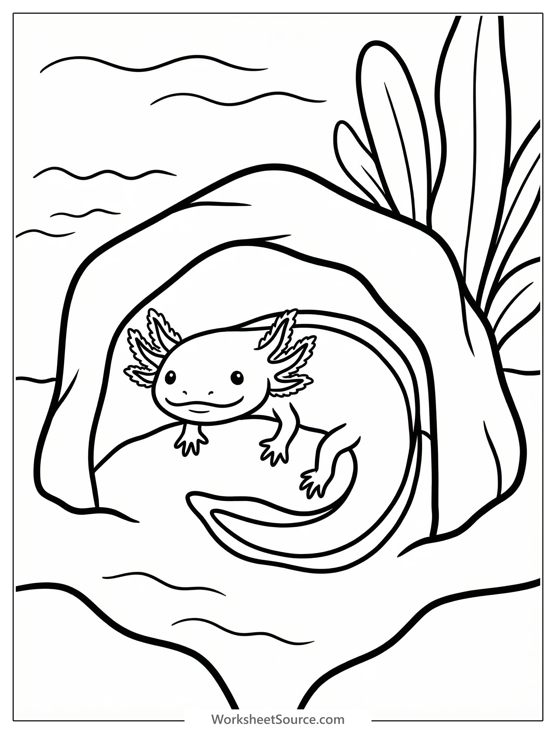 Line art coloring page depicting an anatomically correct, cute axolotl with visible gills and fins, resting calmly within a small cave structure.