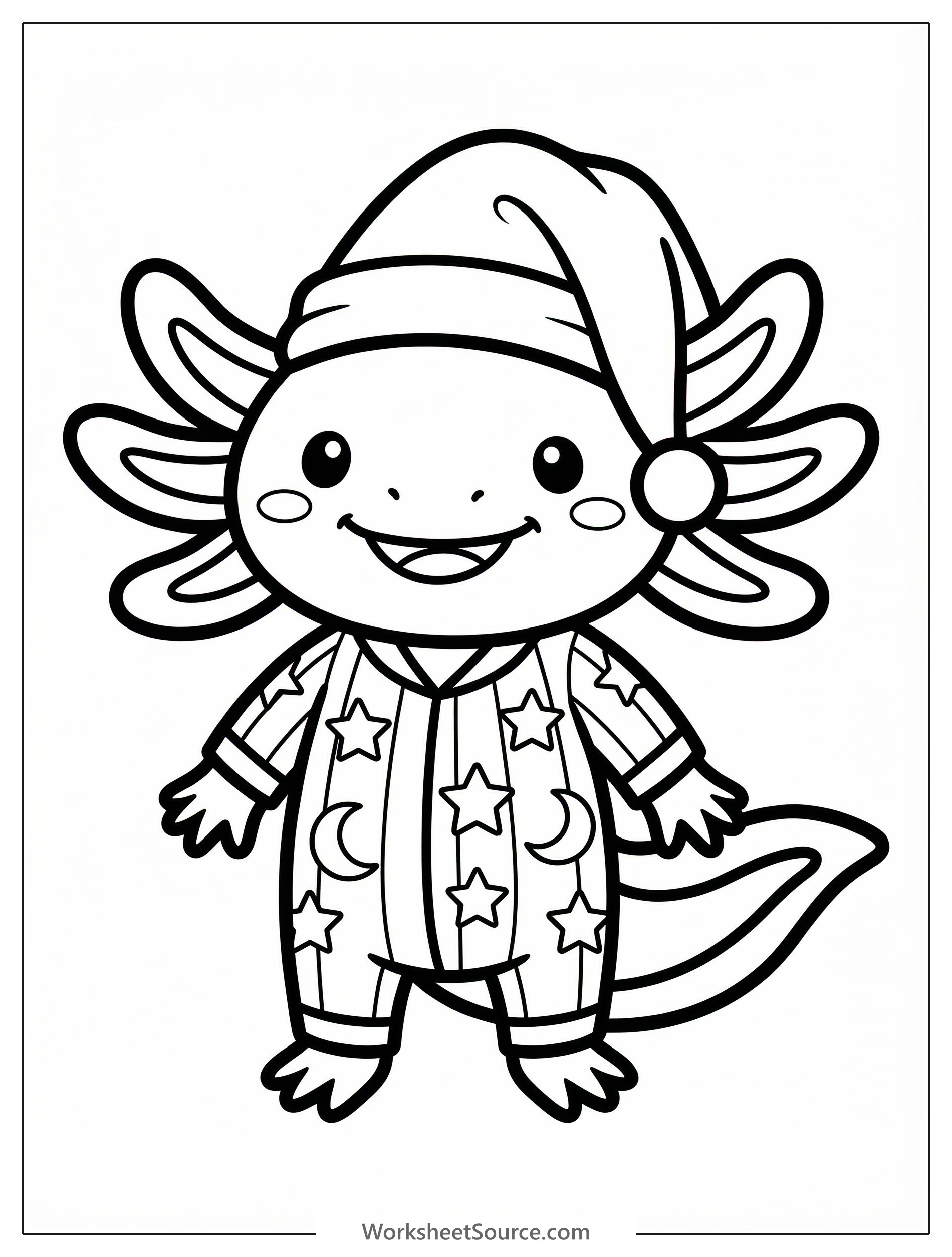 Cute cartoon axolotl wearing polka dot pajamas and a striped nightcap, happily floating in water with bubbles around it.