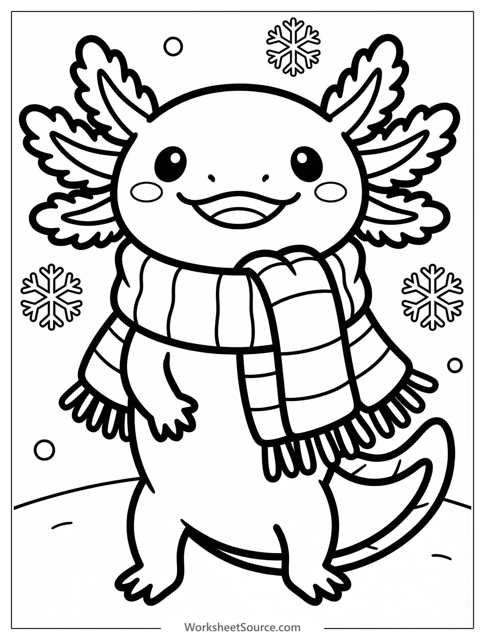 An adorable cartoon axolotl, light pink with feathery gills, is snugly wrapped in a striped winter scarf, smiling and looking forward.