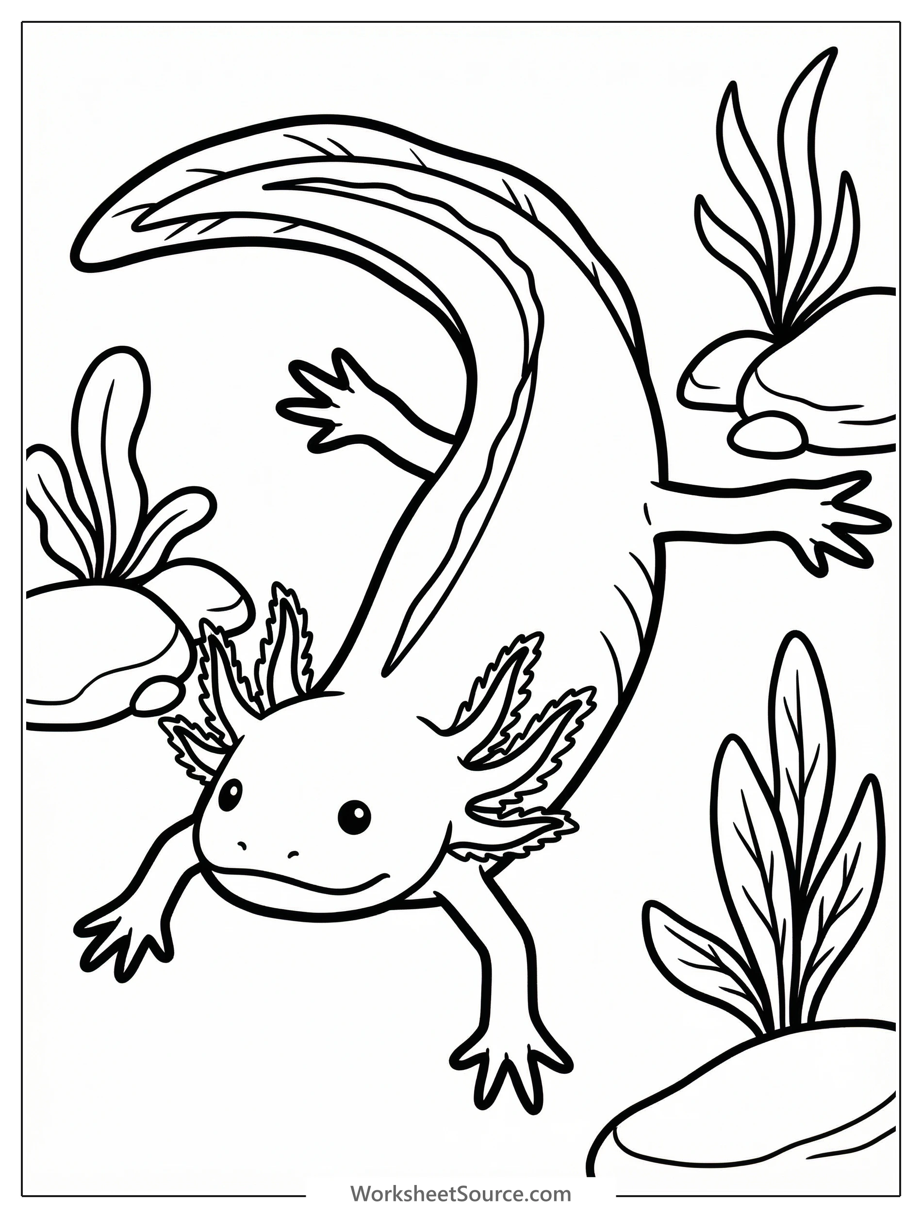 Line art illustration of a cute, anatomically correct axolotl stretching with extended limbs and tail, ready for coloring.