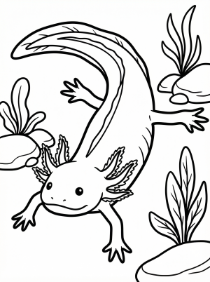 Line art illustration of a cute, anatomically correct axolotl stretching with extended limbs and tail, ready for coloring.