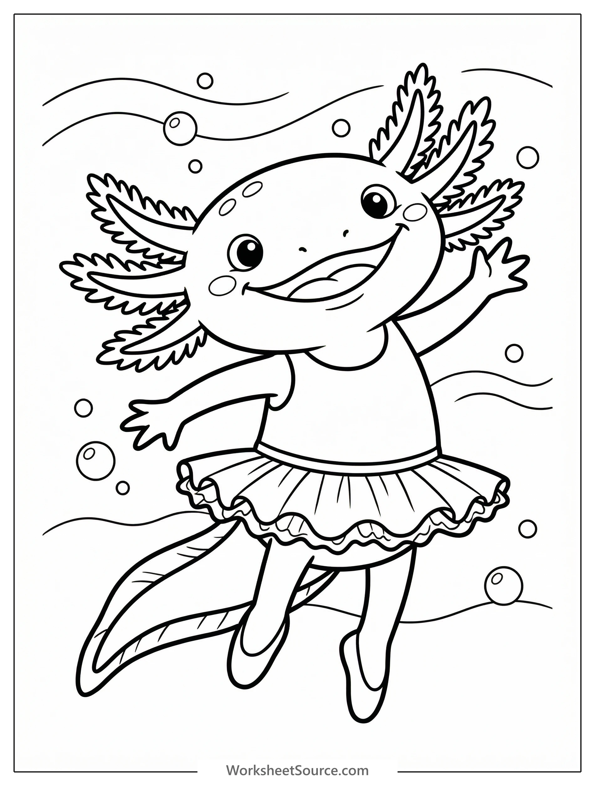 Line art of a friendly axolotl, smiling with feathery gills, wearing a tiny frilly ballerina tutu and a small tiara, ready for coloring.