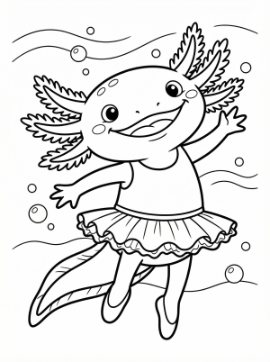 Line art of a friendly axolotl, smiling with feathery gills, wearing a tiny frilly ballerina tutu and a small tiara, ready for coloring.